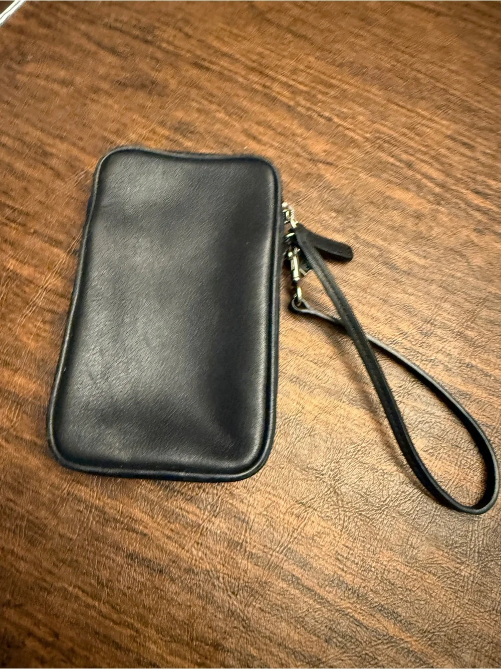 Coach Black Leather Wrist Strap Phone Pouch with Snap Logo